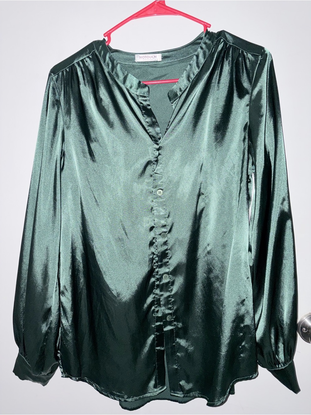 Hotouch Emerald Green Satin Button-Down Blouse
